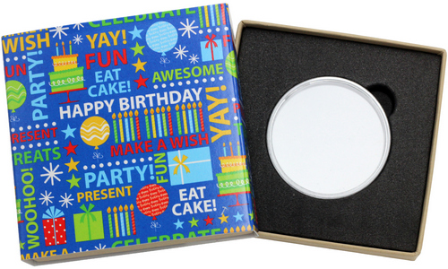 SilverTowne Natural Kraft Paper Gift Box with Blue Happy Birthday Words Box Sleeve & Capsule [Add $5.00]